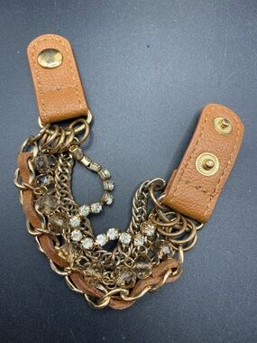 Multi-Chain Crystal and Suede Leather Bracelet Light Brown 7”-7.5” Adjustable